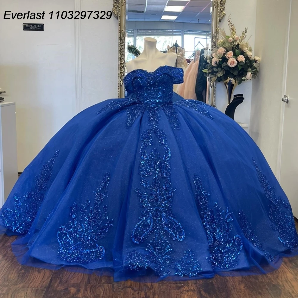 EVLAST Glitter Royal Blue Quinceanera Dress Ball Gown Shiny Lace Applique Beaded Crystal Sweet 16 Vestido De 15 Anos QD1009