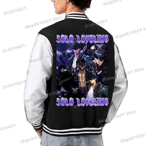 สีดําสีขาวแจ็คเก็ตอะนิเมะ Solo Leveling หลวมผู้ชายผู้หญิงเสื้อผ้าแฟชั่นการ์ตูน Sung Jin Woo แจ็คเก็ตเบสบอล Street Coats