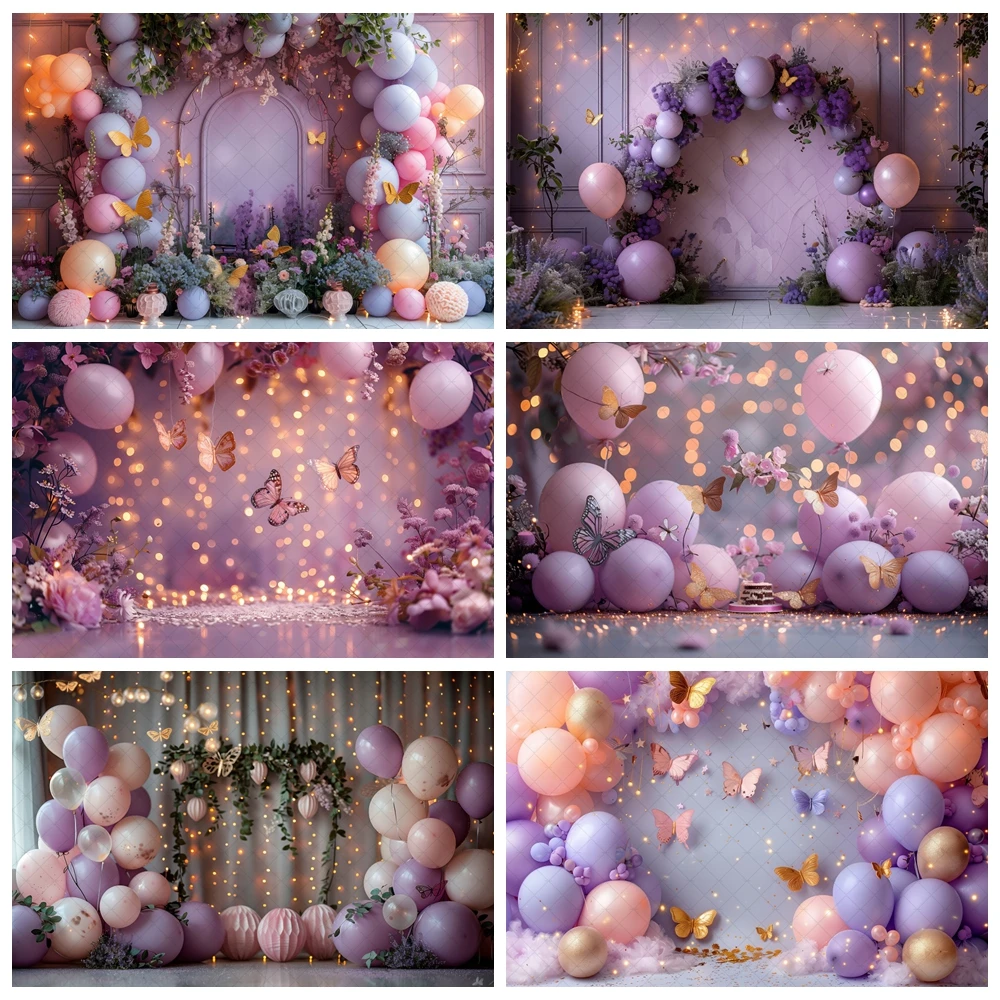 Perfect Butterfly Garden Background Kids Baby Birthday Cake Crush Photo Decoration Spring Purple Balloon Vaulted Background