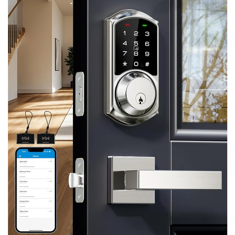 Veise RZ07C and VE06-L Smart Door Locks for Front Door with Handle, Satin Nickel