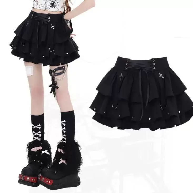 

Нишевый дизайн для милых девушек, мини-юбка с высокой талией на шнуровке в стиле панк Y2K, черная многослойная альтернативная юбка