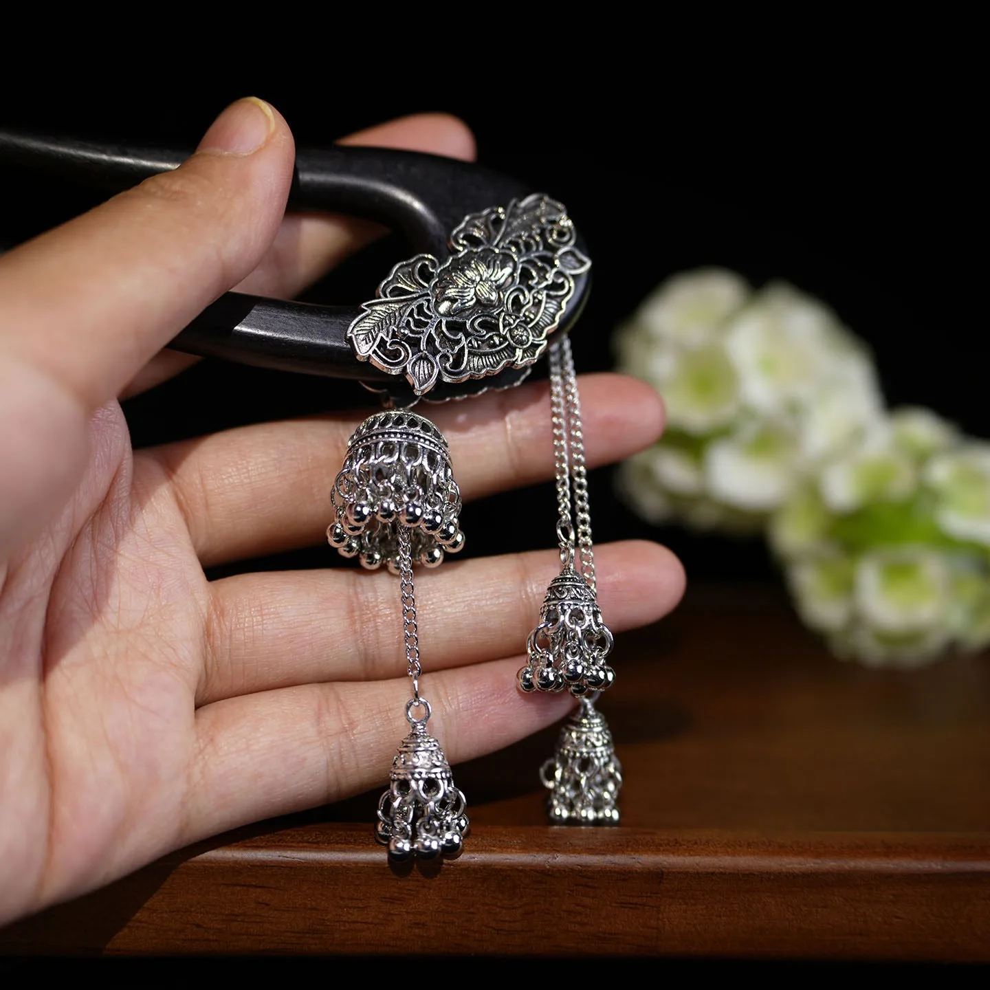Traditional Chinese Style Ebony Hairpin Miao Ethnic Vintage Silver Bell Tassel Good Luck Blessing U Shaped Hair Stick For Women