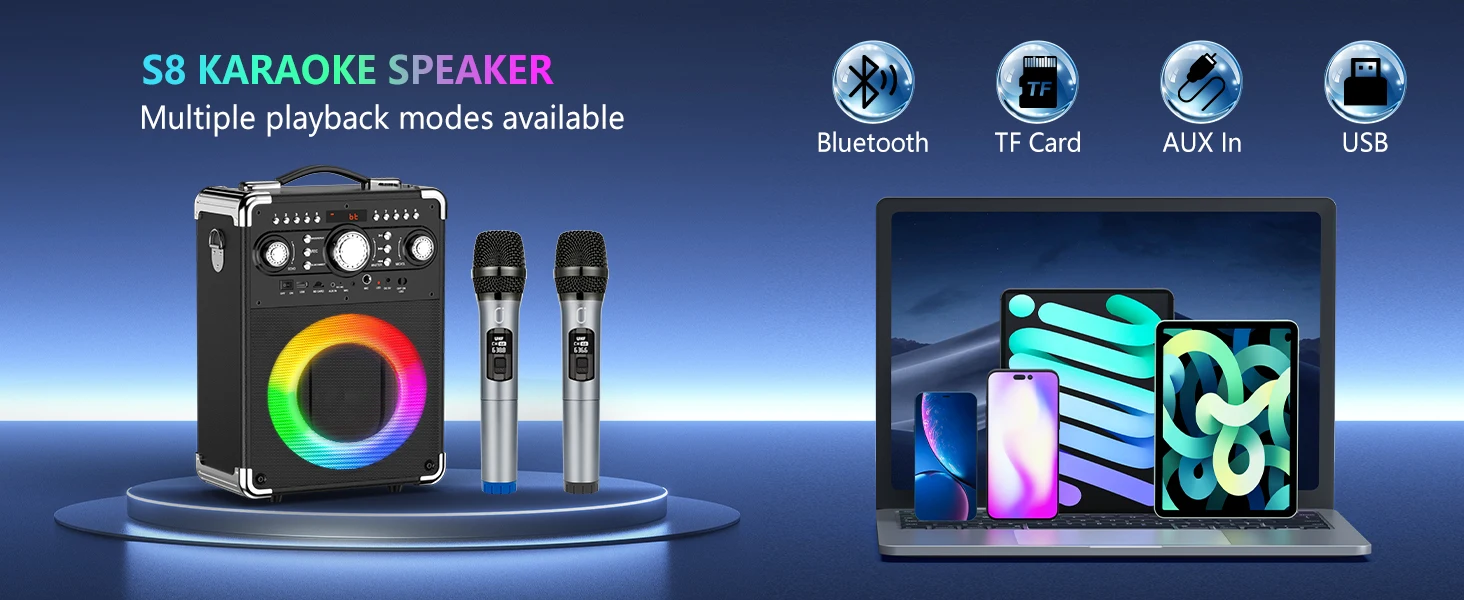 S8-T Karaoke-Maschine mit 3 kabellosen Mikrofonen für Erwachsene, Singing Machine unterstützt TWS/USB/TF-Karte/Gitarre/TV verbunden – Detail 7