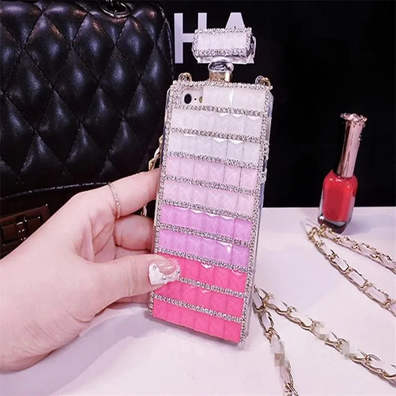 Women Perfume Cover with Chain Strap, Crossbody Bling Diamond, Cute Girl Case, For iPhone 16,14, 13, 12, 15, Xs Pro Max, XR