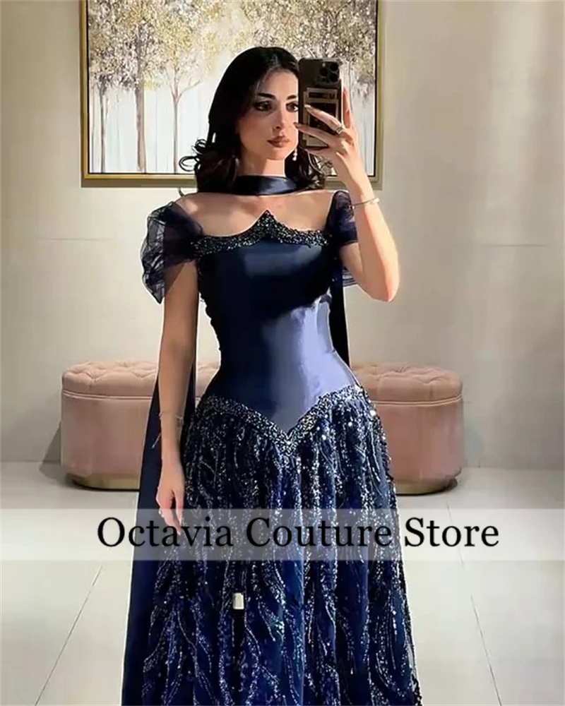 Saudi Arabic Navy Blue Sweetheart Evening Dress 2025 Formal Charming Sleeveless Beaded Crystal Gown Customized  فستان وردي