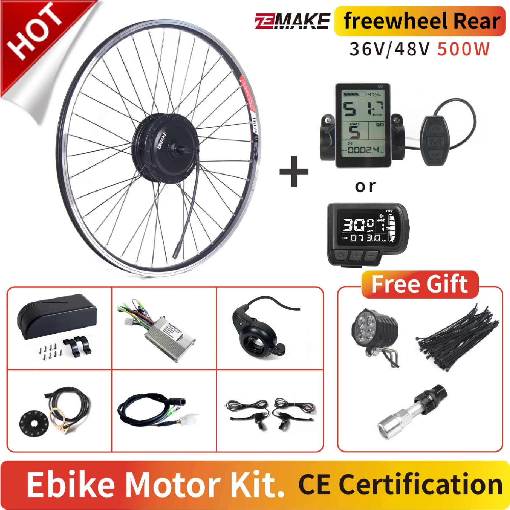 고속 브러시리스 기어 허브 Ebike 모터 키트, 림 ZEMAKE 전기 자전거 변환 전면 카세트 후면, 36V, 48V, 350W, 500W 