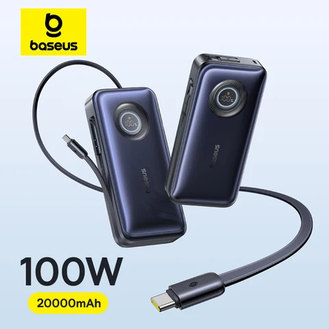 Baseus 100 Вт 20000 мАч Power Bank Встроенный выдвижной кабель USB-C PD Внешний аккумулятор PowerBank для MacBook Pro iPhone 17 Samsung