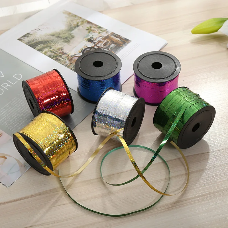 100 Yards/Rolle 5mm Kunststoff-Laser-Satinband Metallisches Ballonband für DIY-Bastelarbeiten, Geschenkverpackung, Blumensträuße, Hochzeitsdekoration – Detail 2