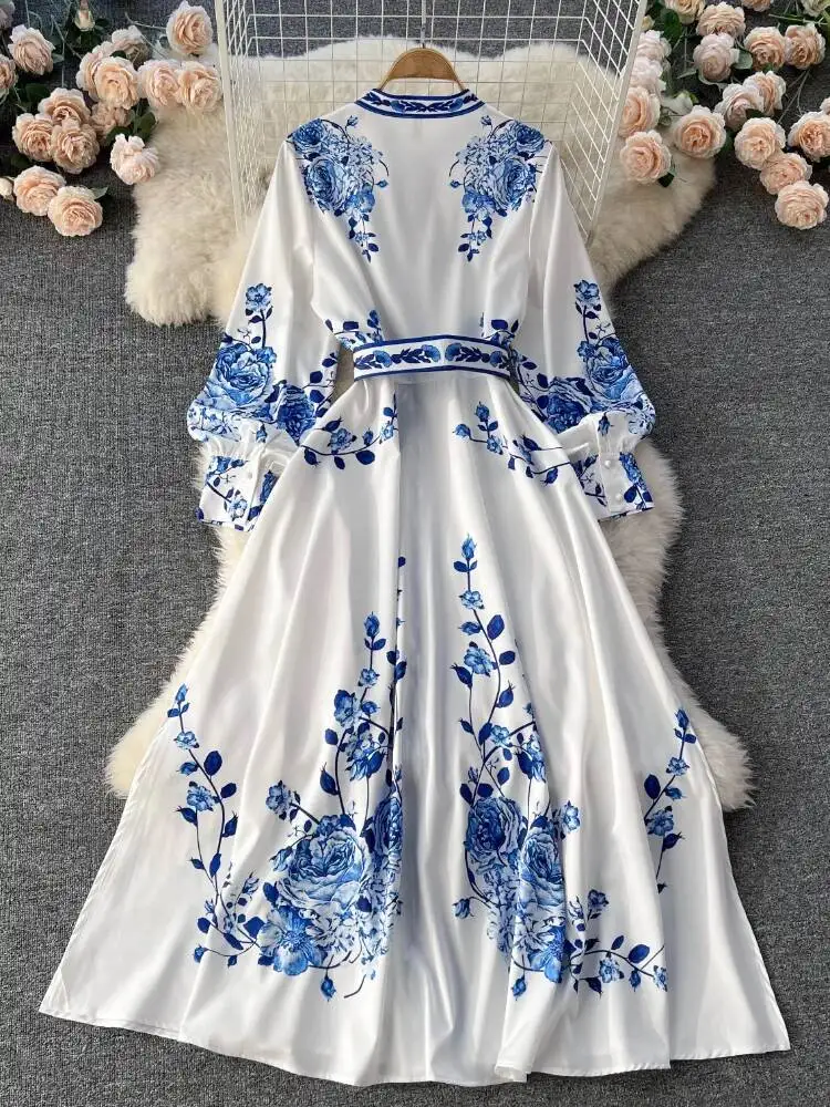 Vrouwen Elegant Blauw Gedrukt Lange Jurken Mode Lente Herfst Lange Mouw Jurk Dames Vintage A-lijn Feestjurk Vestidos