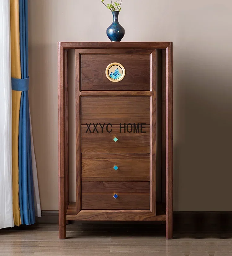 Thousand-Li Landscape North America Black Walnut Solid Wood High Cabinet New Chinese Style Chest of Drawers Locker Showcase