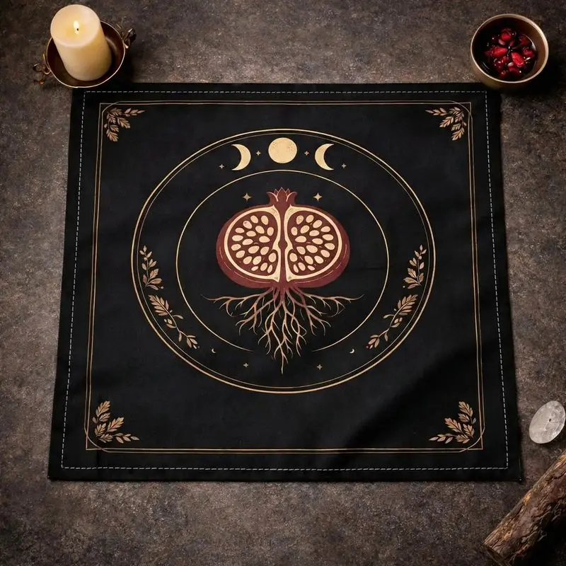 Tarot Altar Cloth Black Gold Foil Pomegranate Triple Moon Phase Witchcraft Divination Mat for Wicca Spiritual Ritual Home Decor
