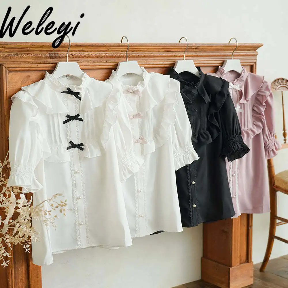 

Japanese Style Lolita Blouse Female 2024 New Sweet Exquisite Shirts Solid Color Top Rojita Wooden Ear Bow Stand Collar Shirt