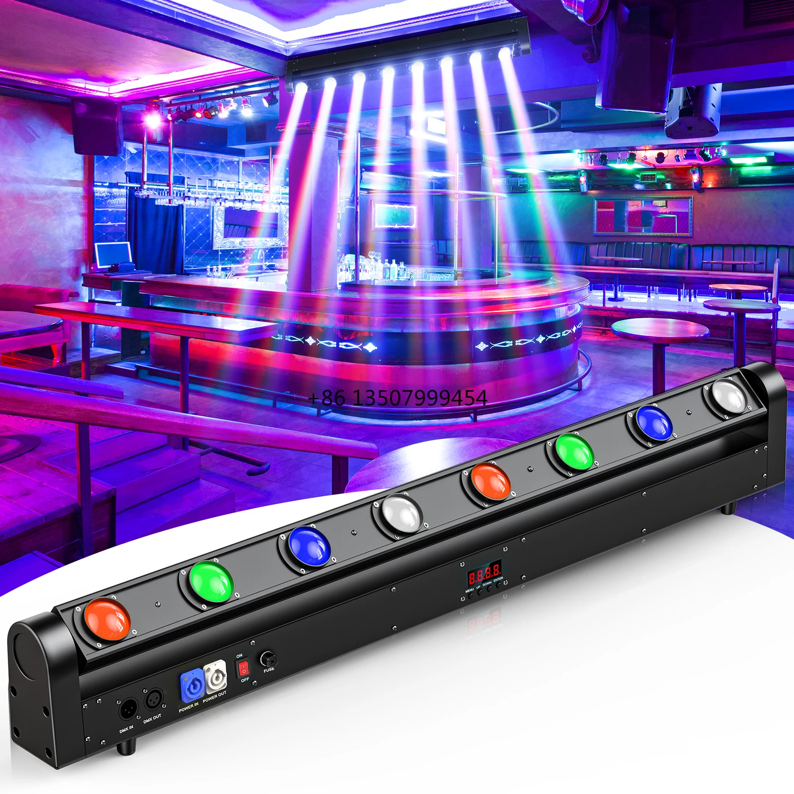

U`King 120W Rgbw 4In1 8 Eyes Led Swinging Beam Strip Light for Ktv Bar Large Performance Stage Moving Head Lights Bar