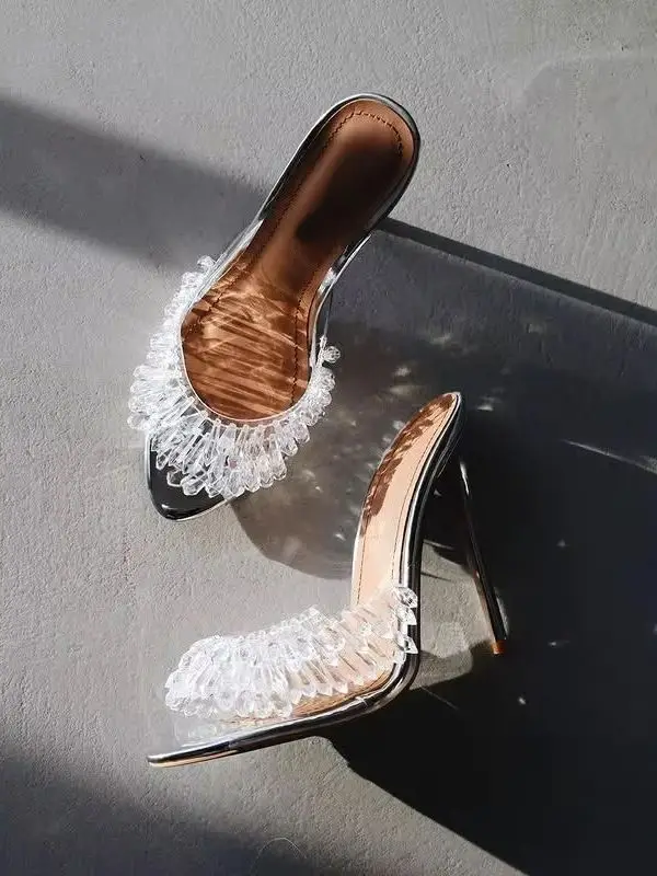 

2025 New Crystal Bling Sexy Ladies Stilettos Open Street Catwalk Outdoor Beach Slip On Rhinestones Slippers Fashion Casual Pumps
