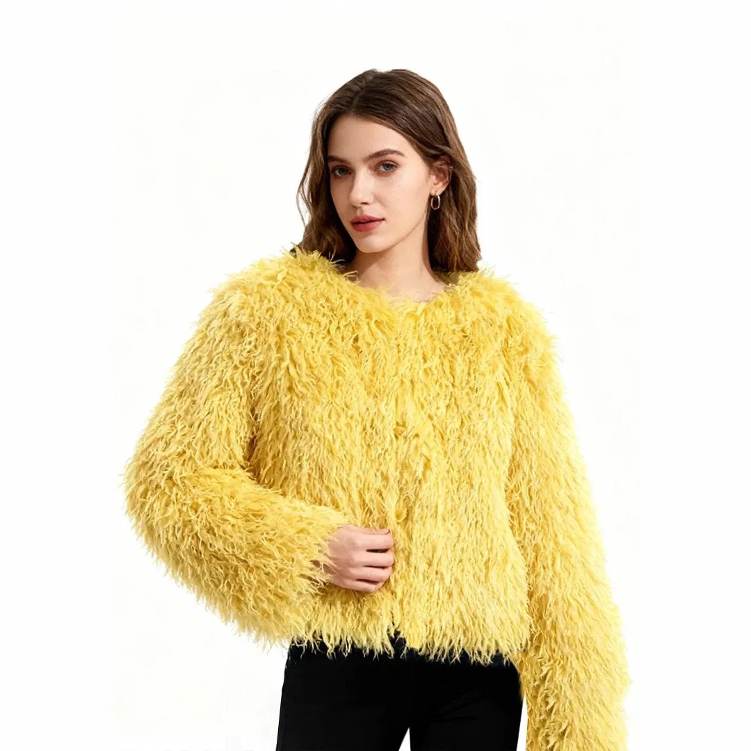 round Necked Faux Fur Coat in Woolen Fabric Seven Colors Available Autumn Winter Seasonal Wind Style Women's Loose Fit Coat