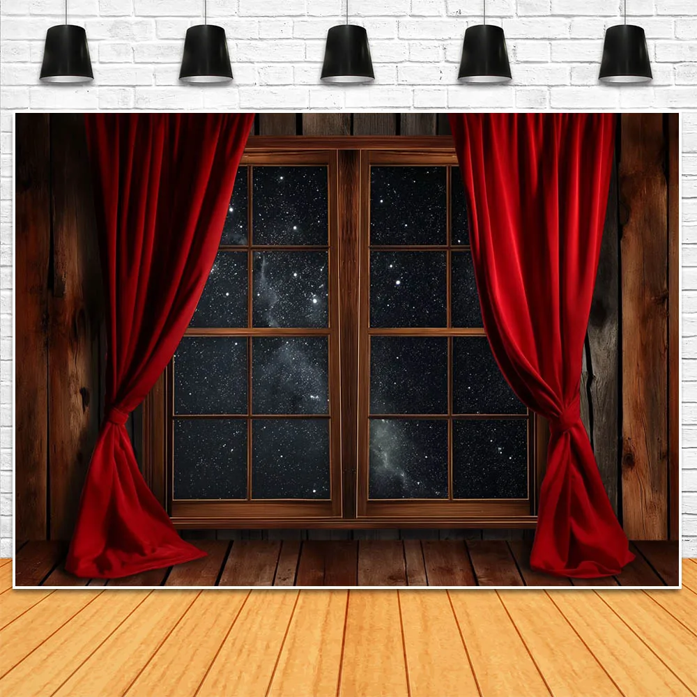 Mocsicka Christmas Backdrops for Photography Red Curtain Window Snow Scene Wooden Wall and Floor Children Photo Background Props