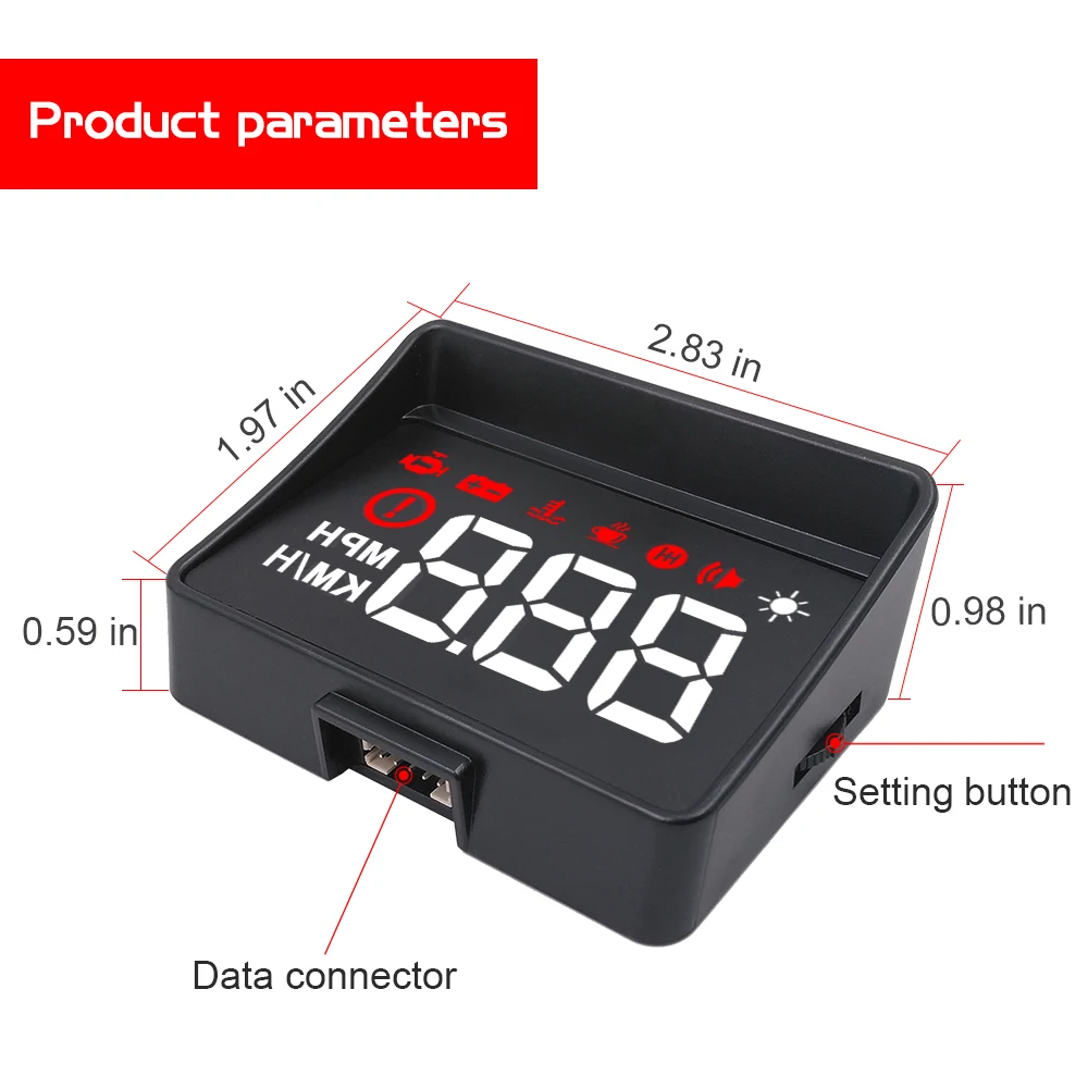 A100S Obd2 رئيس يصل عرض سيارة HUD سرعة KMH MPH درجة حرارة الماء الجهد الأميال السرعة الزائدة خطأ إنذار عرض متعدد الوظائف
