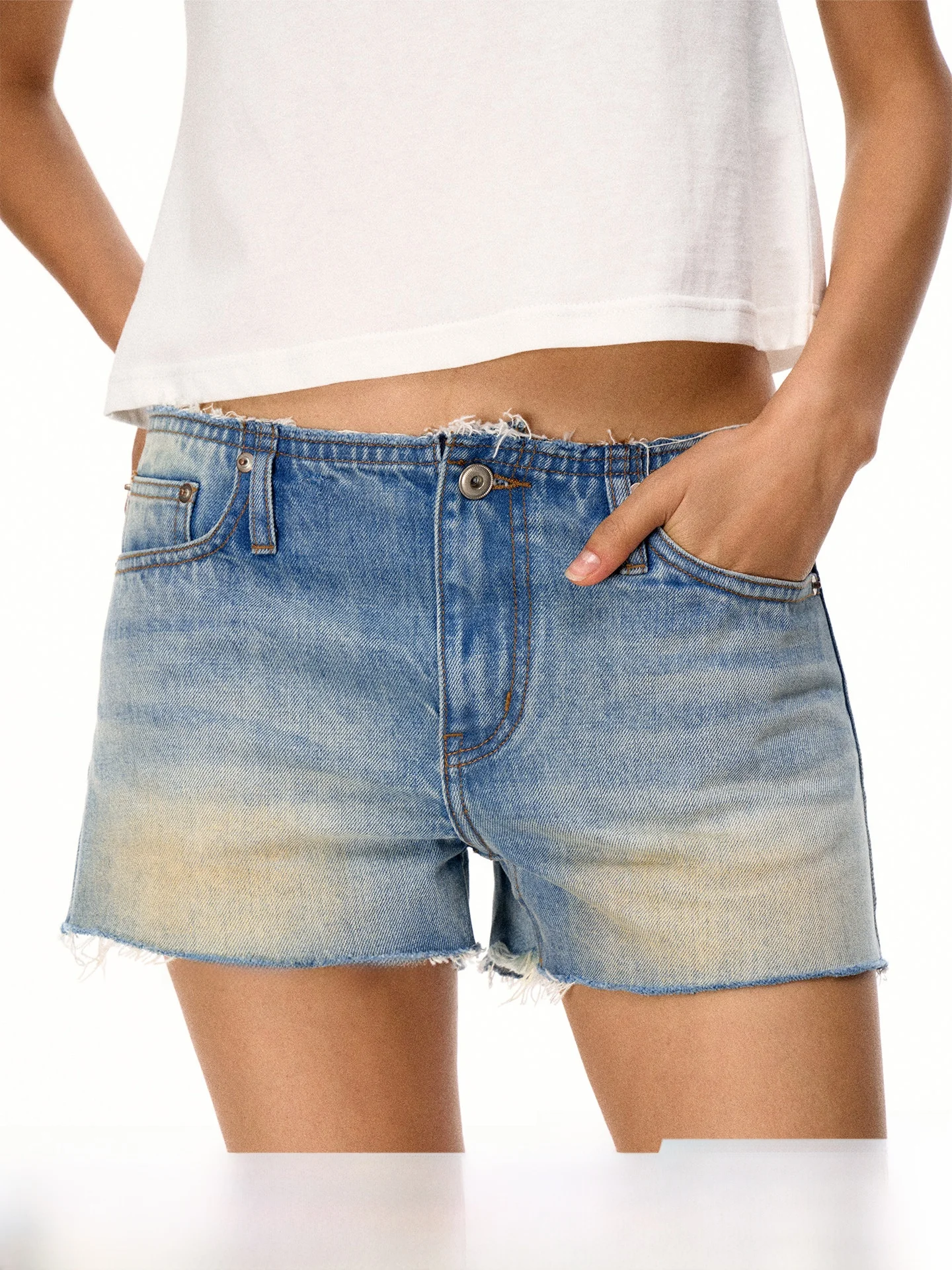 

Firstfloor Summer Vintage Waed Distred Casual Versatile Denim orts Women's Cotton l Waist Button Fly orts