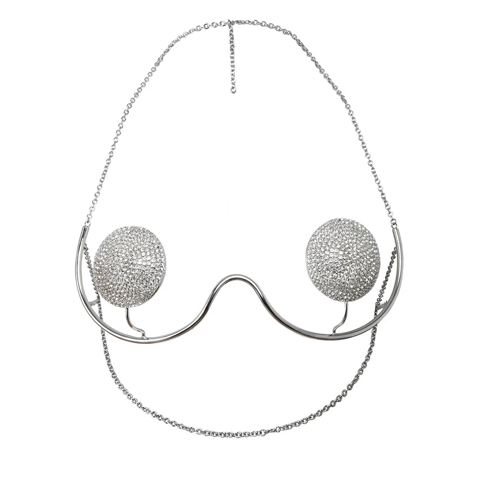 Sexy Round Metal Chest Bracket Top Bikini Body Accessories Reusable Summer Corset Rave Rhinestone Bra Sticker Lingerie for Women