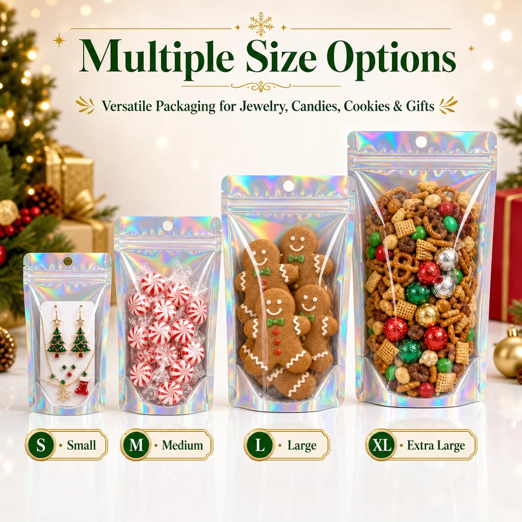 100PCS Holographic Stand Up Pouches Resealable Ziplock Bags Clear Window Christmas Candy Cookie Food Packaging Doypack