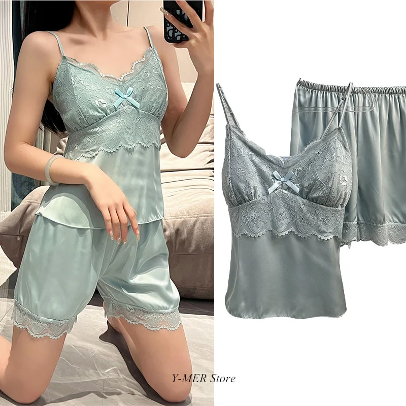 

Silk Satin Sling Top&shorts Women Sleepwear Spring Summer Nightwear Home Clothes Lace Flower Cami Pyjamas Suit 2Pcs Loungewear