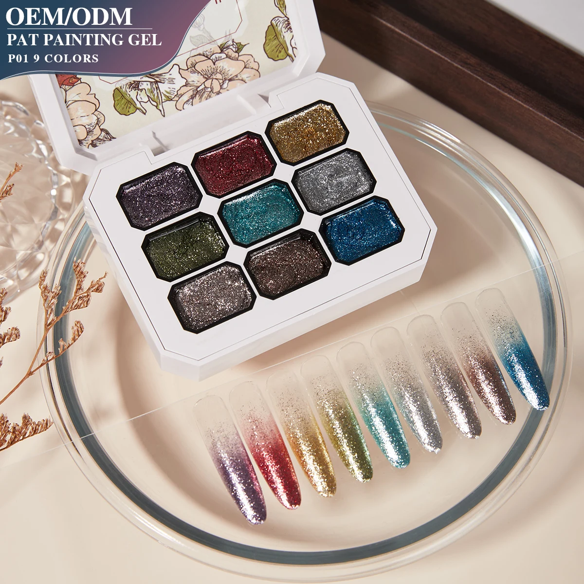 

VENDEENI High Density Platinum Pat Painting Gel Polish Nail Art Paints Private Label 9 Colors Shiny Glitter Gel Polish