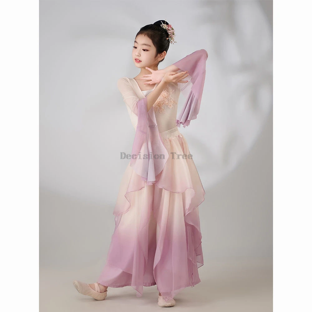 2024 children's classical dance costume flowing new gradient gauze long dress traditional chinese dance practice hanfu dress set