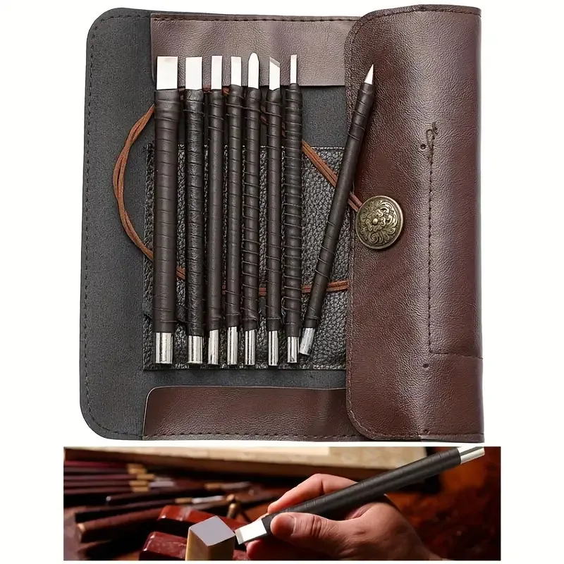 ‌8pcs Tungsten Steel Carving Chisels Set - Leather Handle & Bag for Stone/Wood/Metal Engraving - view 6