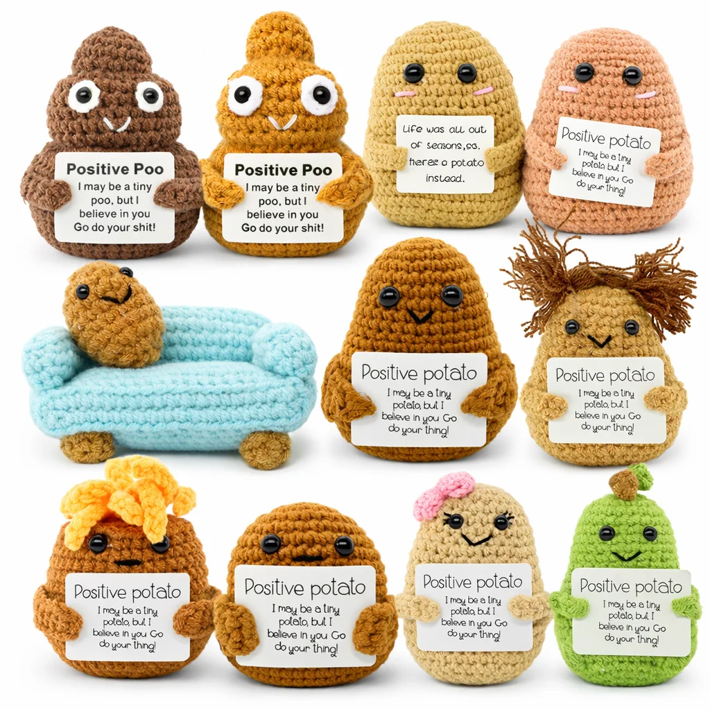Veggie&Fruit Series Positive Energy Crochet Cute Potato Handmade Knitted Doll with Encouragement Card Mini Desk Decor Gift