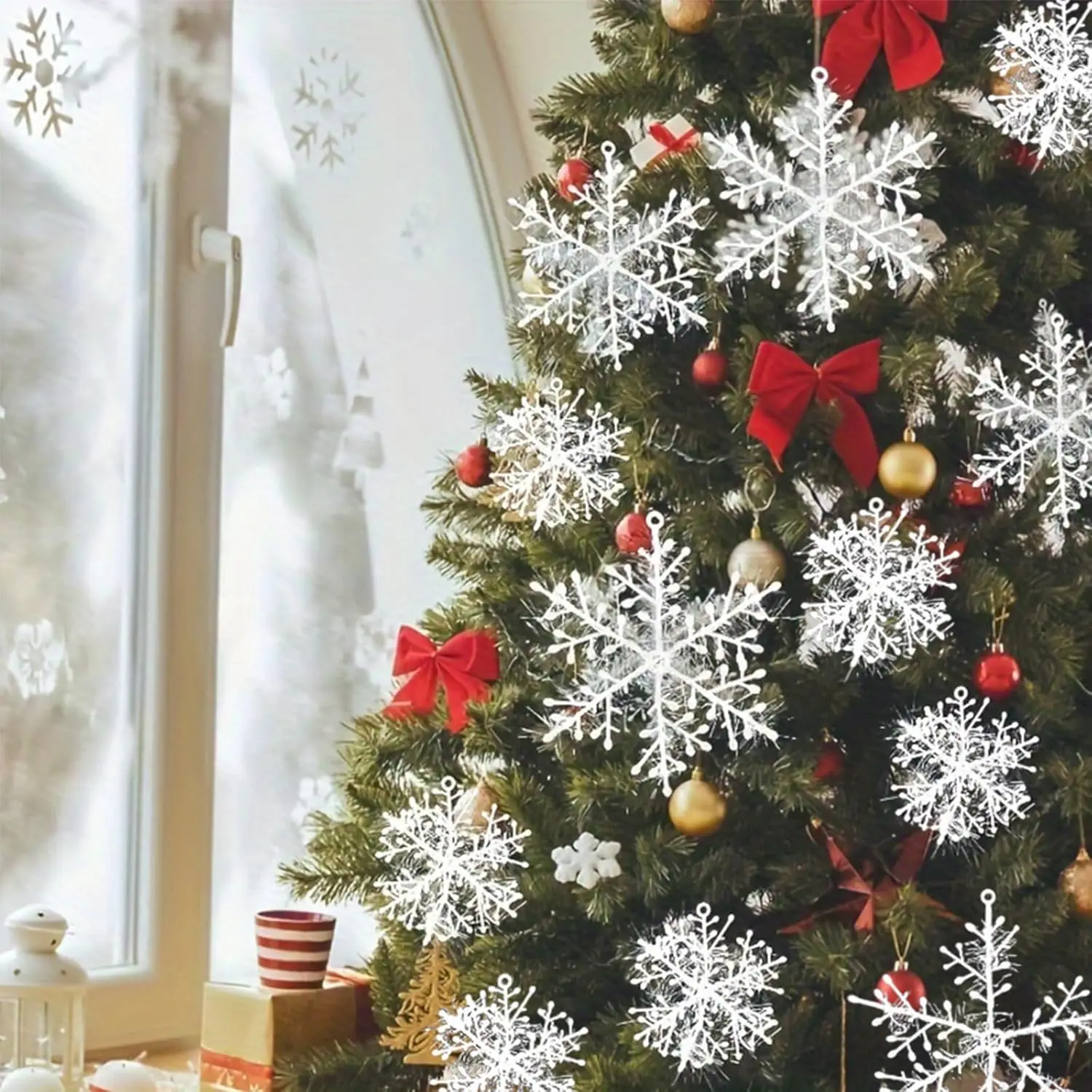 6 Stücke Weiße Schneeflocke Weihnachtsdekoration Schneeflocke Weihnachtsbaum Anhänger Ornament für Wohnkultur Neujahr Party DIY Geschenke Zubehör