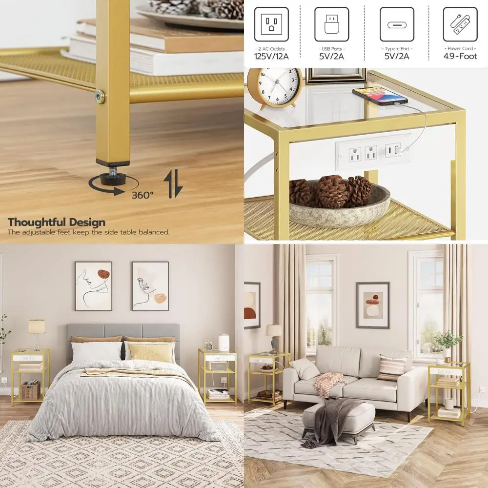 

End Tables Set of 2 with Charging Station, Side Tables with USB Ports & Power Outlets, 3-Tier Slim Nightstands with Storage Shel