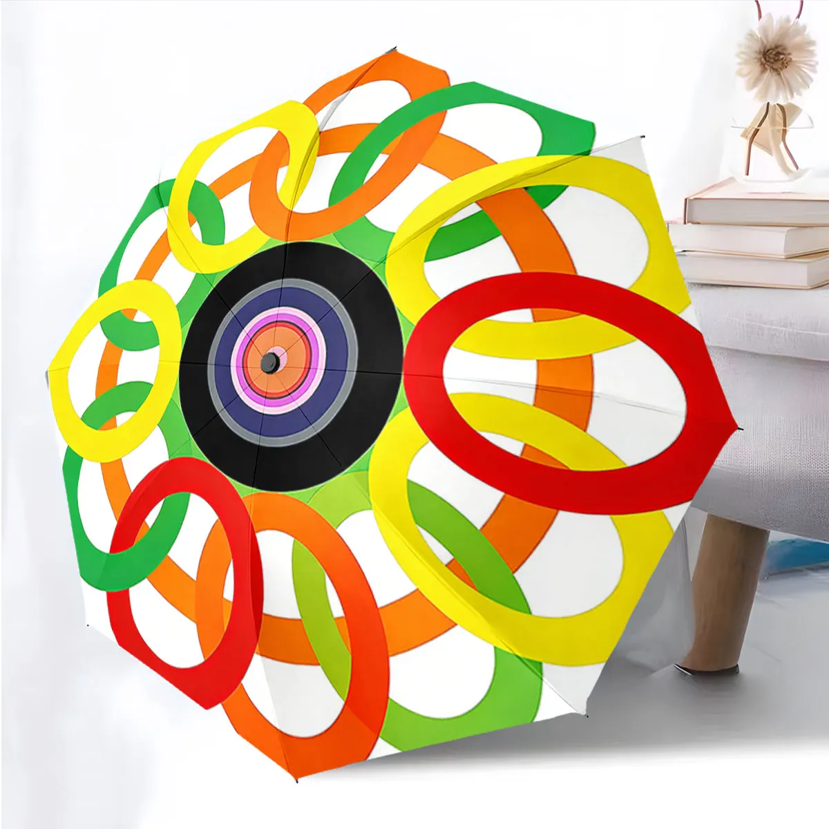 1PC Colorful Rings Umbrella Design Print 8 Iron Ribs Folding Umbrella Auto-Open Fashion Sunshade