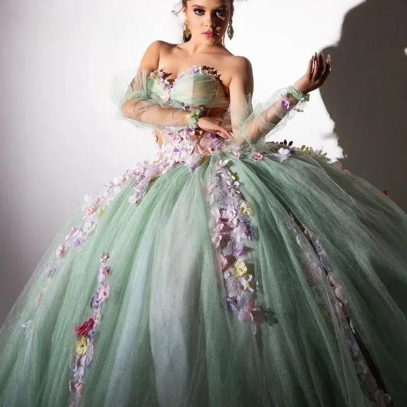 

Glitter Mint Quinceanera Dress Ball Gown Colorful 3D Flowers Applique Beads Corset Sweet 16 Vestidos De XV 15 Anos