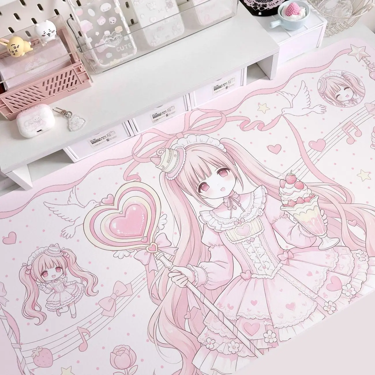 Sweet Pink Anime Girl PU Leather Mouse Pad Polka Dot Ballet Bow Mouse Pad Office Desk Mat Waterproof Non-Slip PU Desk Mat Pad