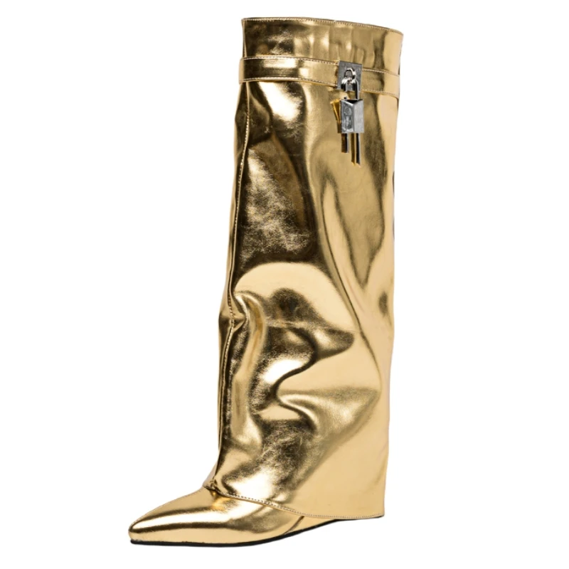 Sexy Wedge Knee High Boots for Women New 2024 New Turned-over Silver Gold Long Boot Heels Party Shoes Lady Big Size 48 Footwear