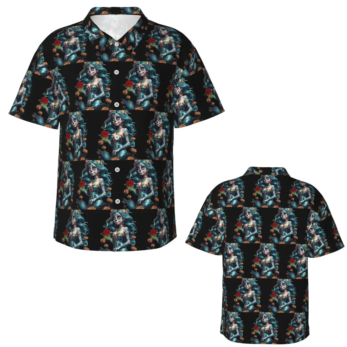 Mexican Catrina Girl Day Of The Dead Hawaiian Shirts Casual Men Short Sleeve Shirt for Summer Beach Men's Lapel Tops