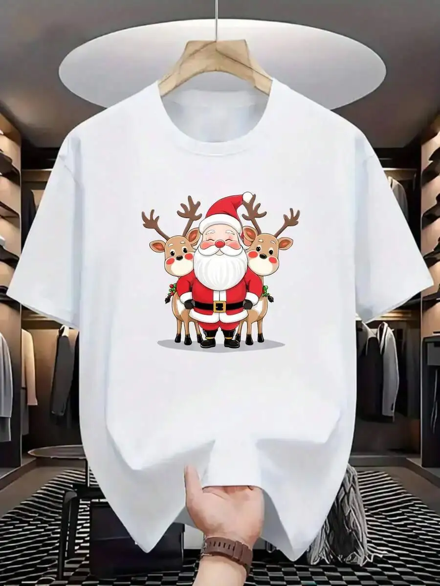 Men's White Christmas T-Shirt With Santa Reindeer Print - Short Sleeve Casual Crew Neck Tee, Festive Holiday Party Outfit, 100% Cotton Trendy Y2K Short-Sleeve Tee-Soft, Quick-Drying, Moisture-Wicking;  Great Gift for Christmas or Halloween.