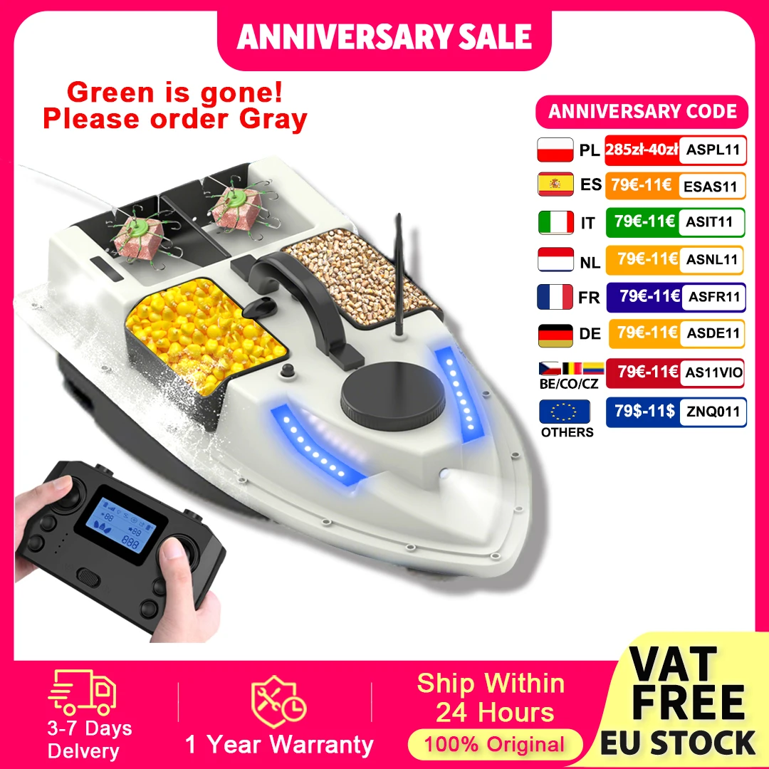 Bateau appât télécommandé LOKEEVAN D19 avec GPS, bateau de pêche de nuit télécommandé 600 m, LED, 4 cabines, charge de 2 kg, retour intelligent, protection batterie faible, bateau de pêche à double