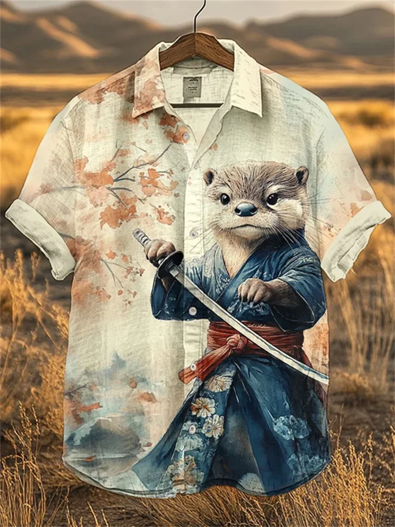 

Short sleeve Men's Warrior Cat Art Shirt 3D Plum Blossom Printing Casual Hawaiian Shirt Summer Short sleeved Shirt Top