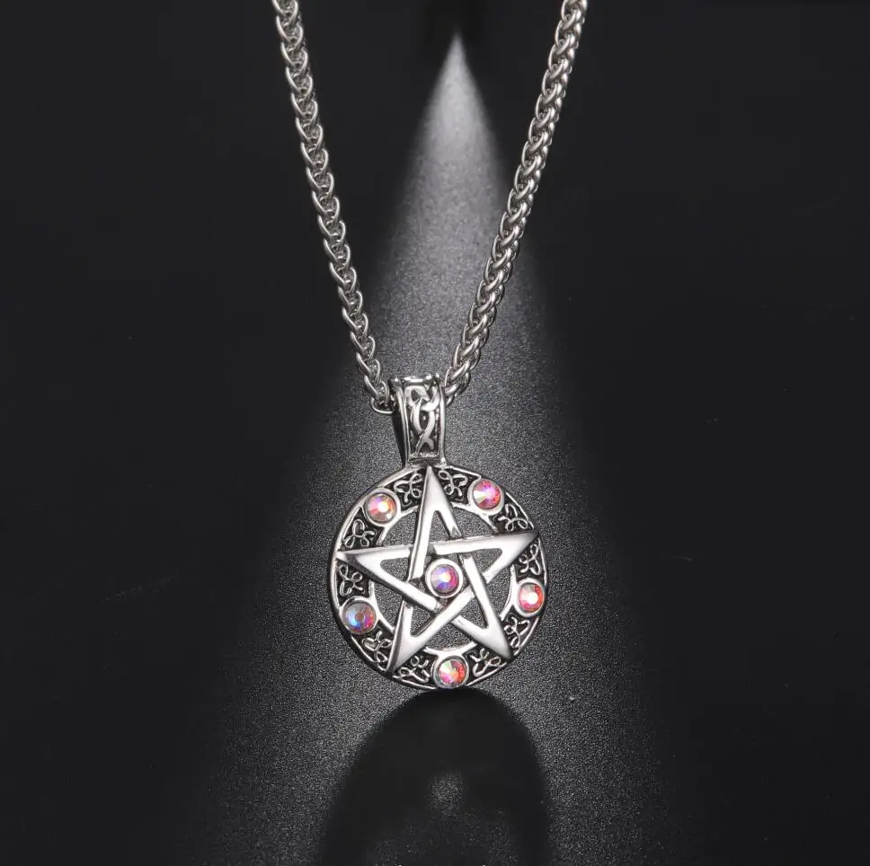 

1PC Supernatural Wicca Men Women Necklace Hollow Pentagram Pentacle Star Zircon Pendant Gothic Viking Stainless Steel F1501