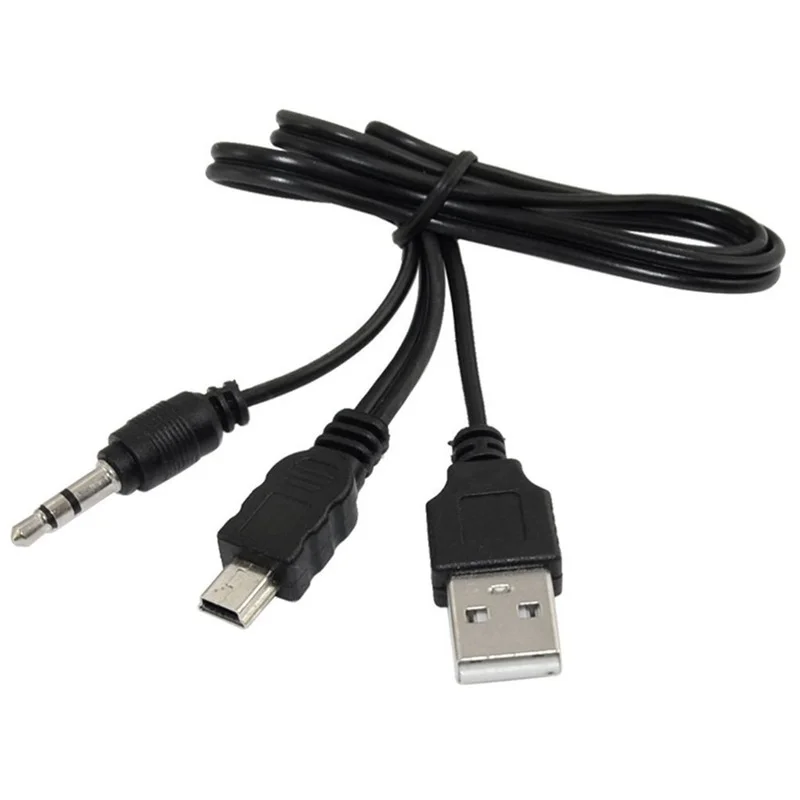 High Quality Black USB2.0 A Male To Mini B Male + 3.5mm Audio AUX 1 To 2 Audio CableAdapter Charger Cable Cord 0.5m