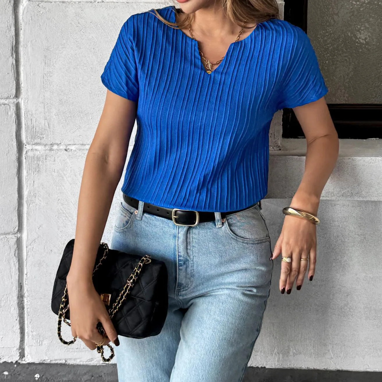 Women Summer Ribbed Knit Short Sleeve Top Notch Neck Slim Fit Cropped Blouse T-shirt Casual Wear Streetwear Outfits