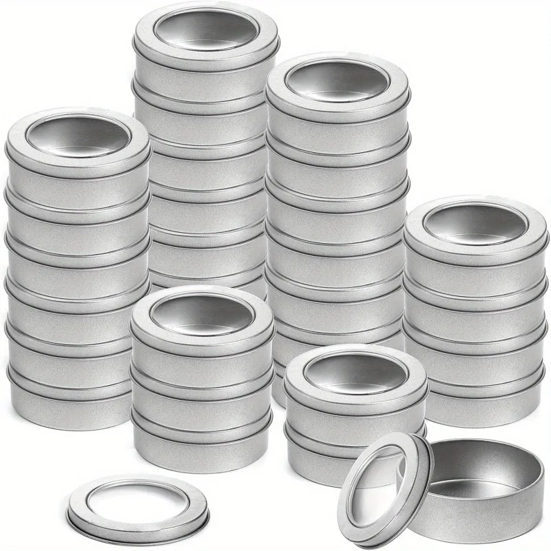30 Pack 2 Ounce Metal Tin Cans Round Empty Containers with Clear Top for Candles Arts & Crafts Storage in Kitchen & Office Use
