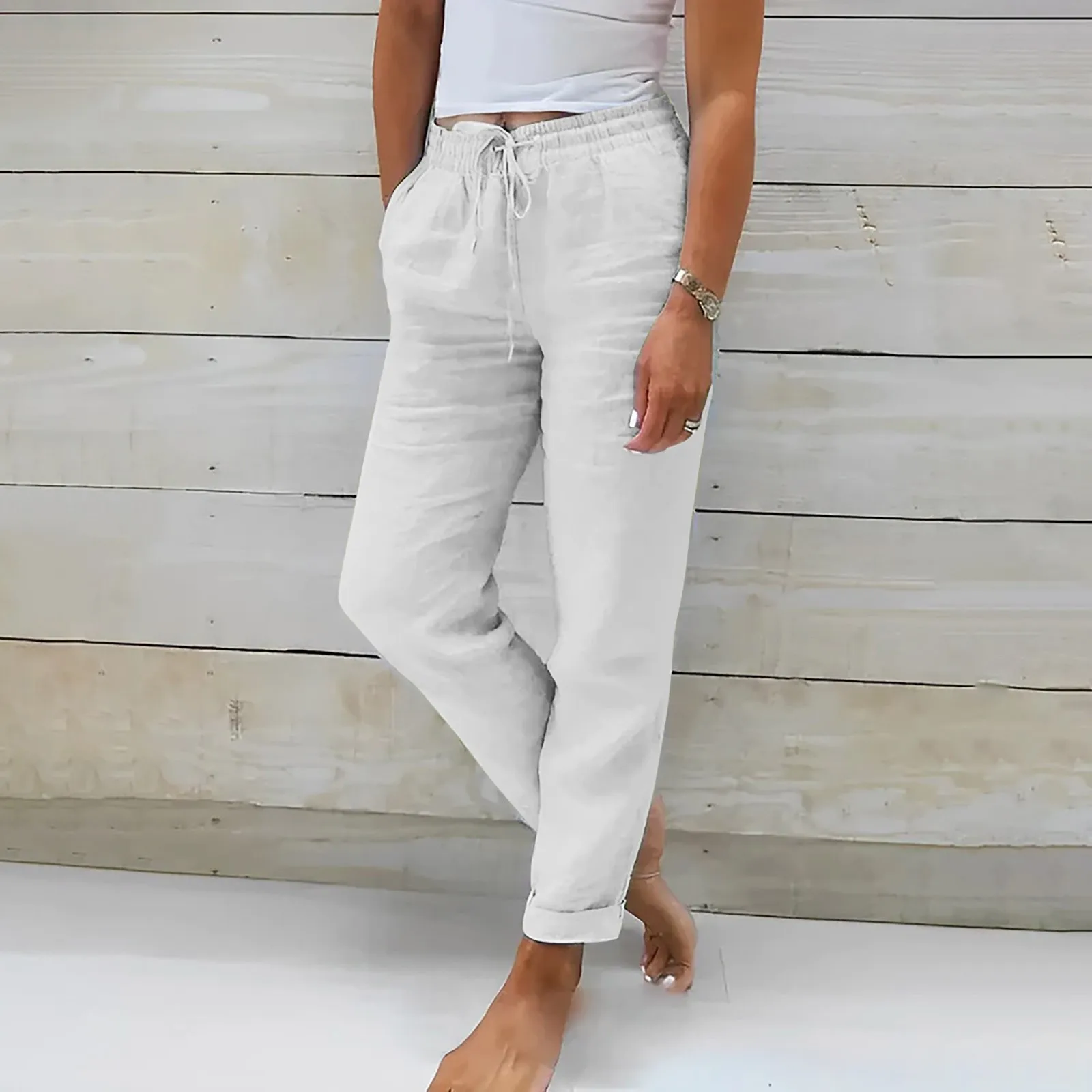 

Women's Waisted Elastic Waistband Casual Pants Women's Solid Colour Cotton Linen Wide Leg Loose Trousers Loose Pockets Trousers