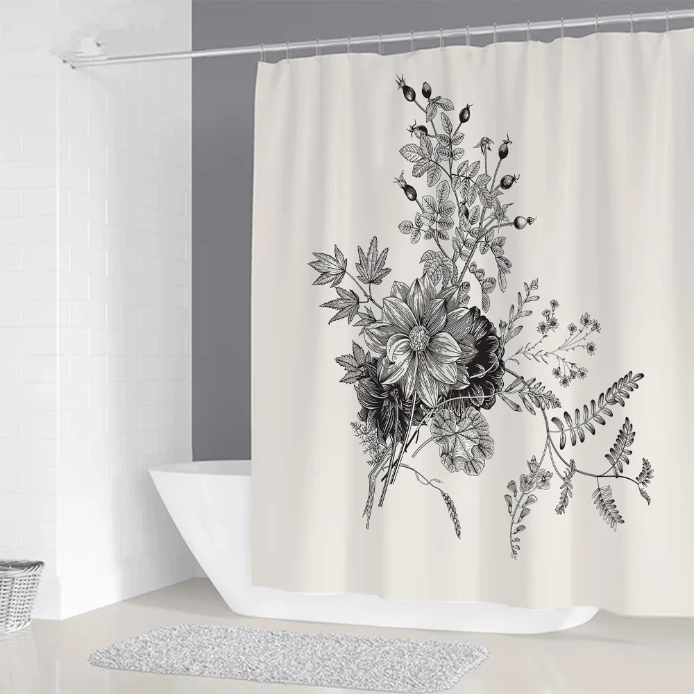 Black and White Flower Shower Curtains for Bathroom Accessories Set Bath Curtain Folding Partition Bedrooms Things the Sets Full