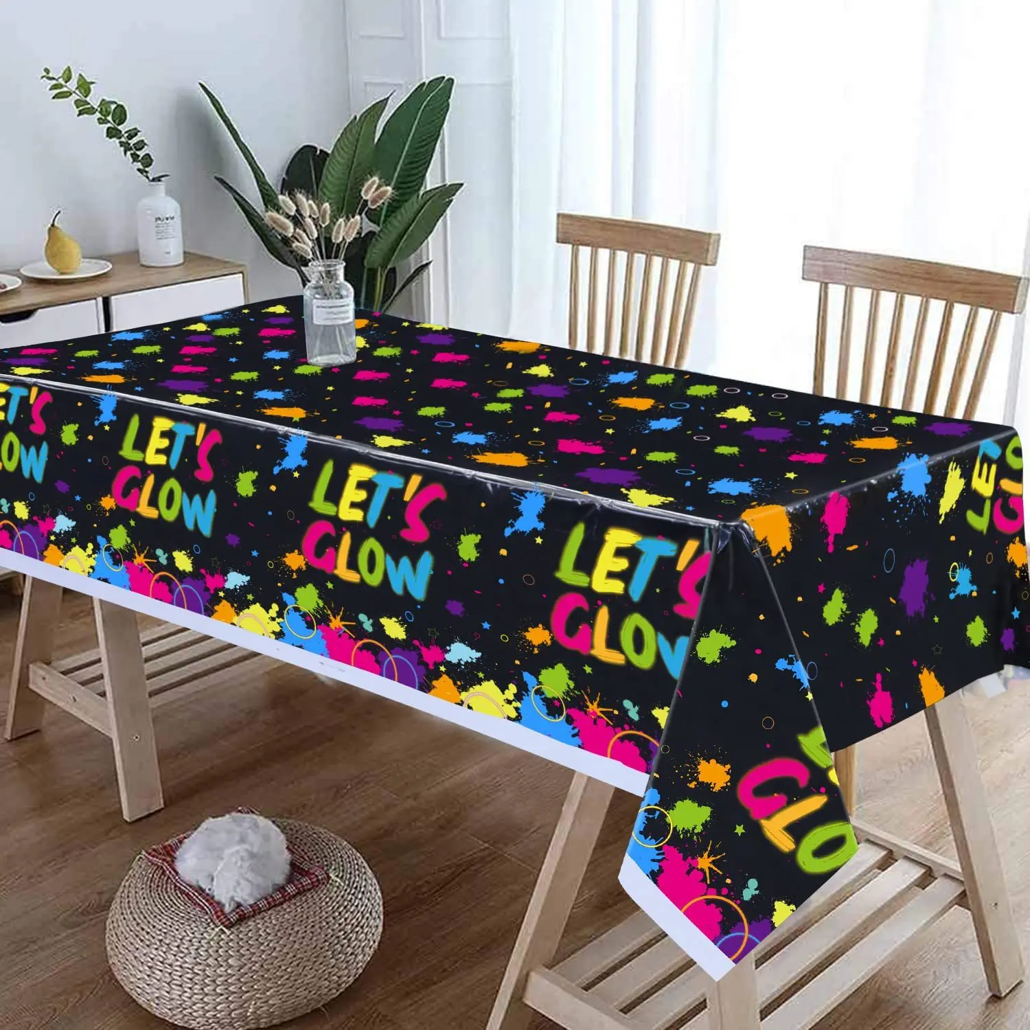 Neon Theme Disposable Tableware Paper Plates Cups Napkins Banner Tablecloth Let\'s Glow Happy Birthday Party Decor Supplies