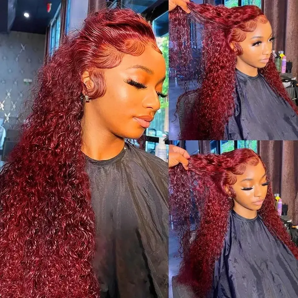 Burgundy 13x6 Hd Lace Frontal Human Hair Wig Deep Wave Curly Human Hair Wigs Water Wave Colored 99j Red 30 Inch Lace Front Wig image 3