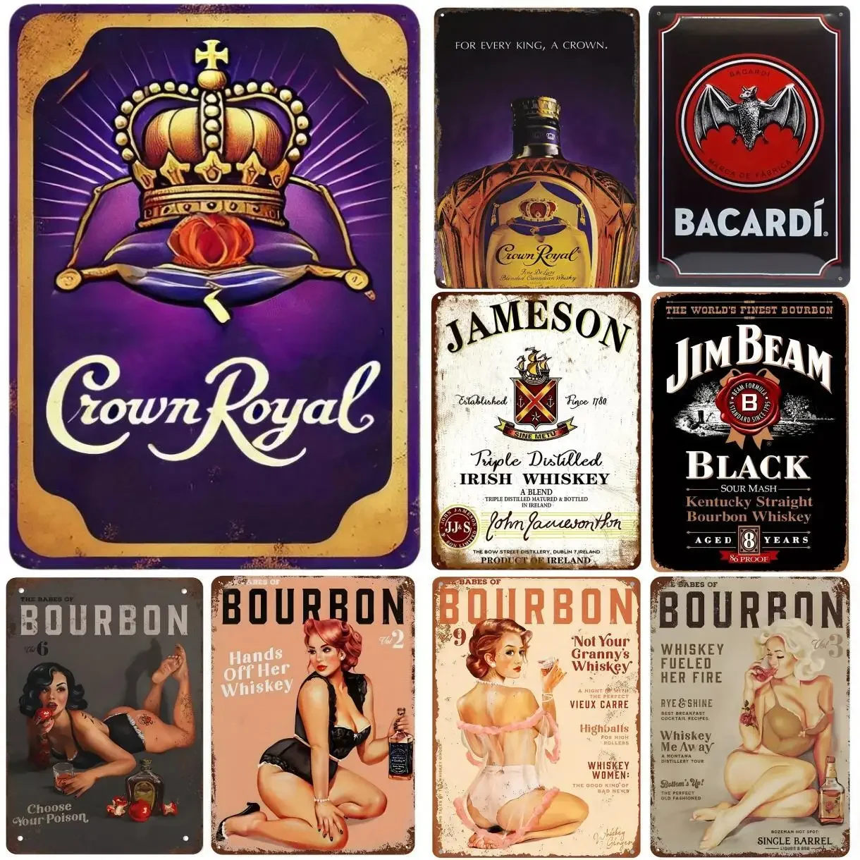 Vintage Metall-Aluminiumschild „Babes of Bourbon Nr.“. 9 – Not Your Granny's Whiskey“ Retro-Wandkunstschild für den Innen- und Außenbereich