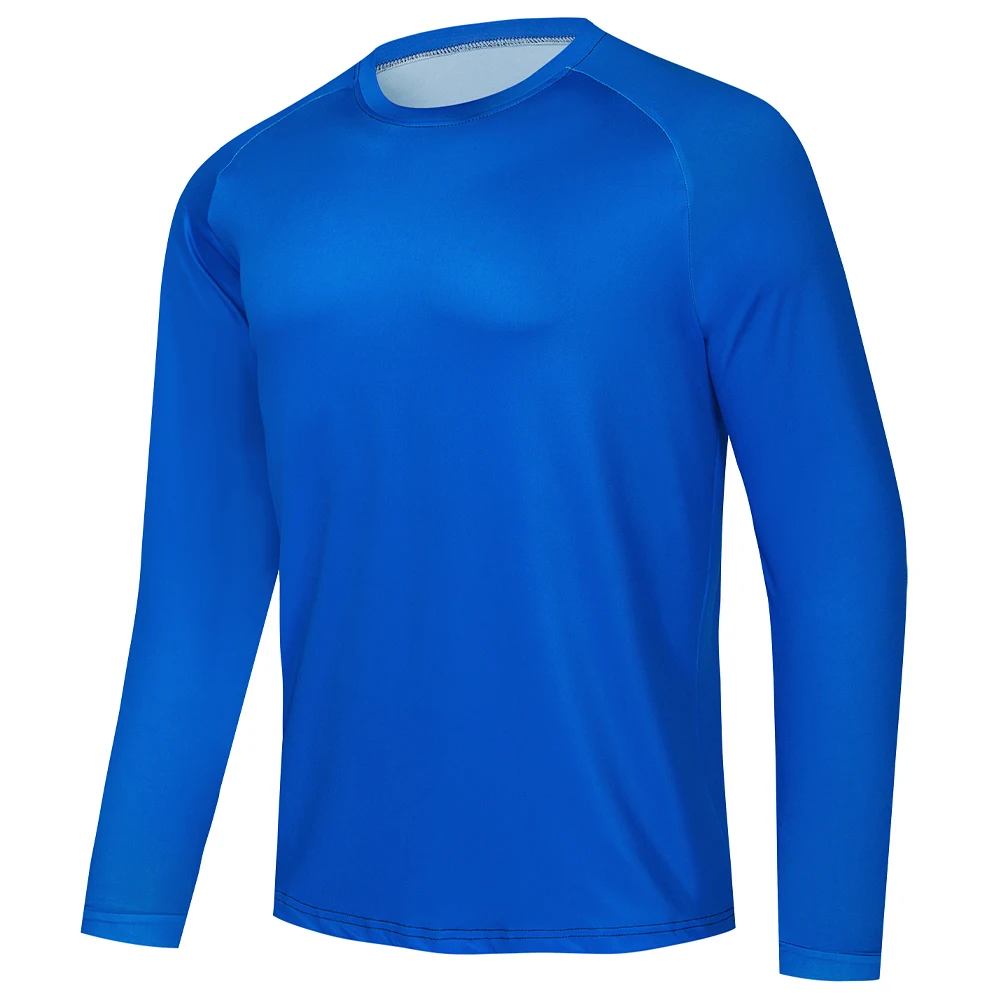 Men Solid Bright Blue Long Sleeve Fishing Shirts Raglan Quick Dry Outdoor Surf Rash Guard Tops