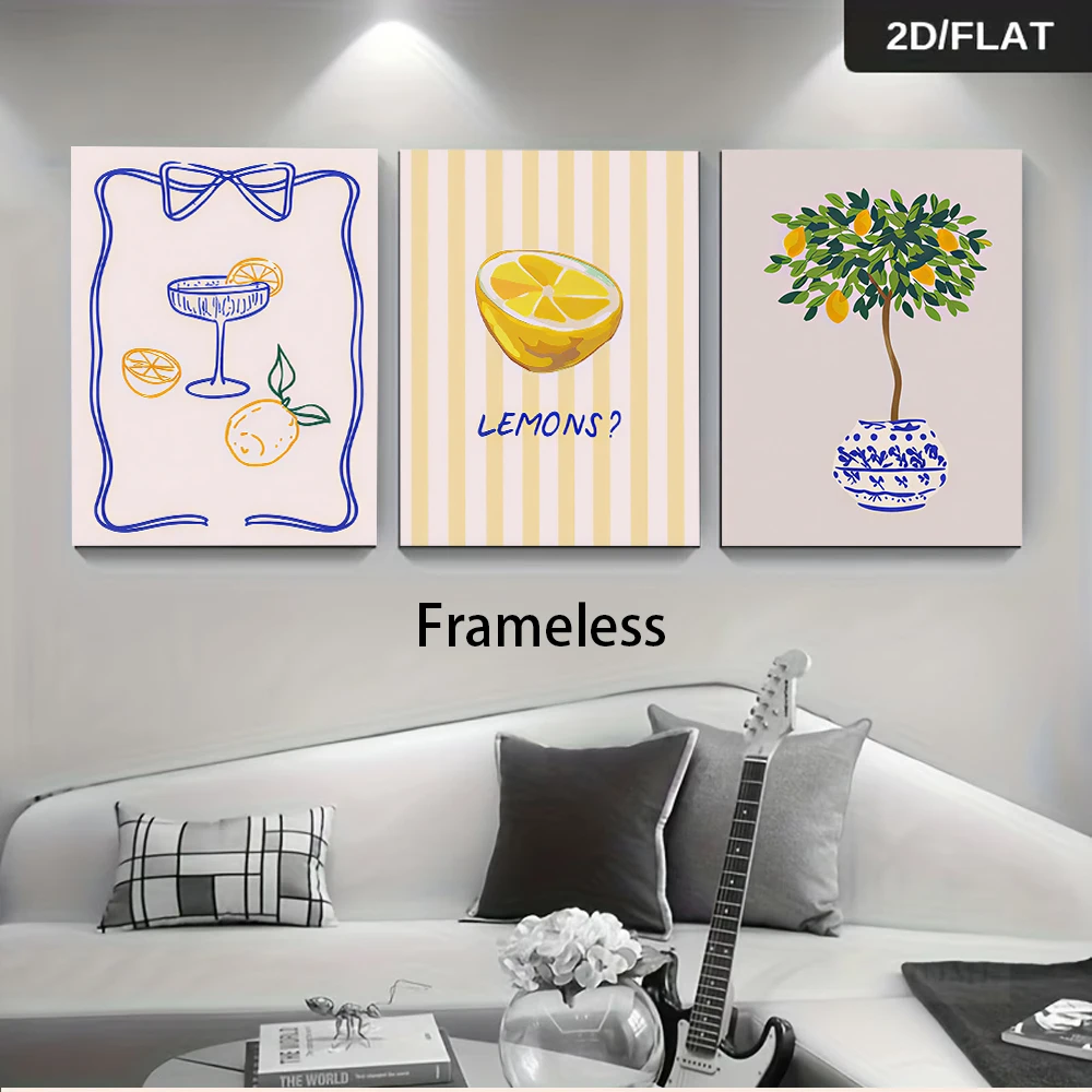 1 set of modern minimalist frameless lemon paintings, fresh fruit pattern home decoration paintings, 2D flat design.